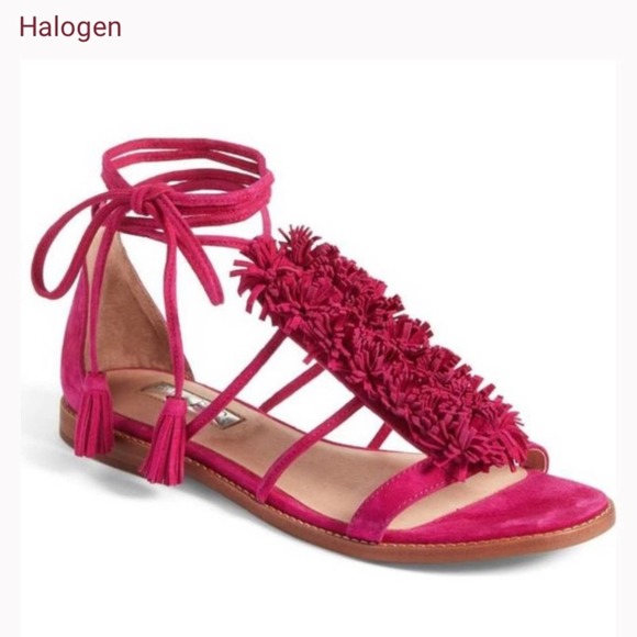 Halogen Shoes - Halogen pink leather flat sandals with ankle tie straps tassels and fringe
